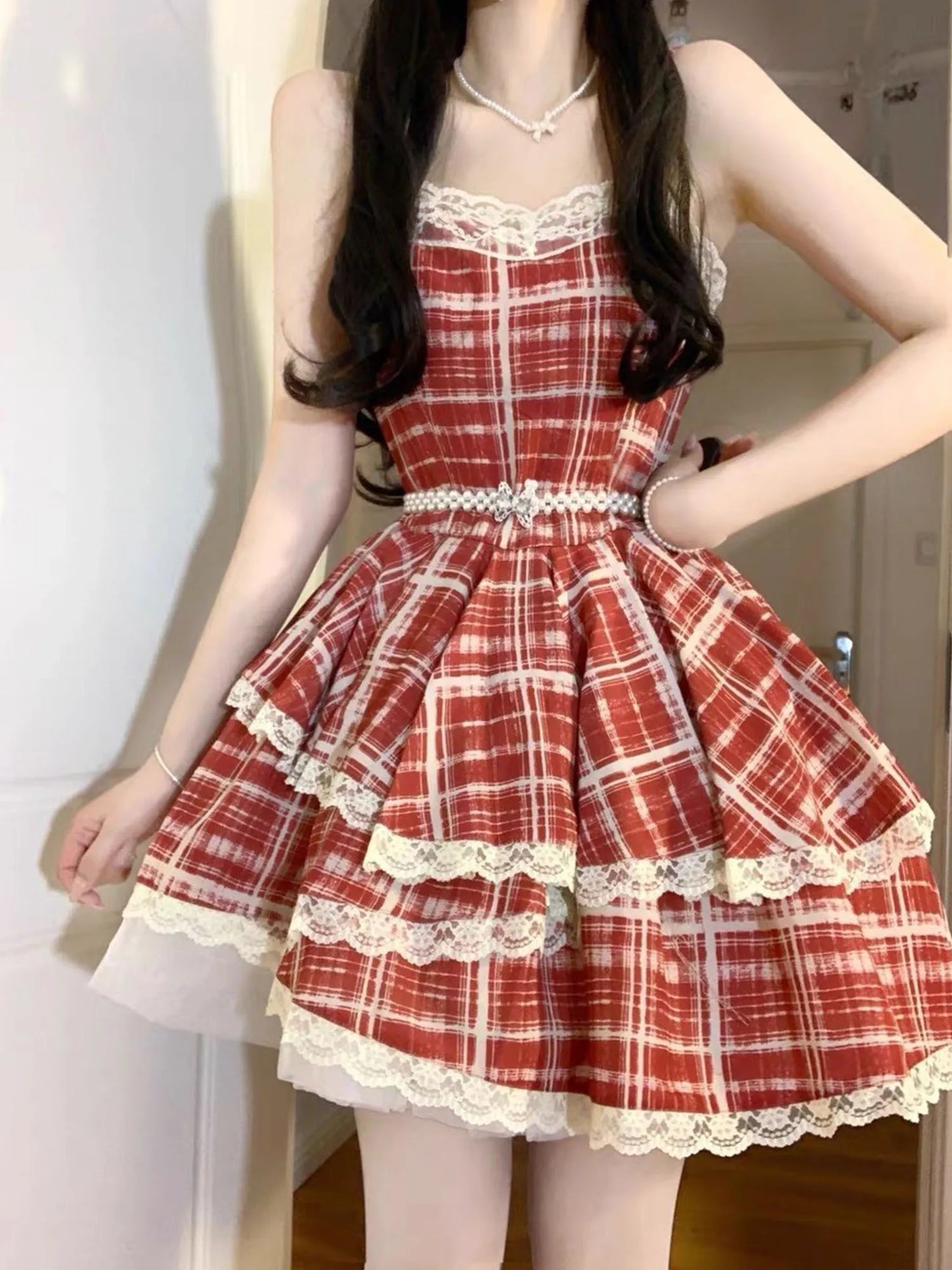 maoxiangshop Kawaii Countryside Style Lace Ruffles Princess Dresses Women Sweet Lolita Plaid Harajuku Fashion Evening Party Mini Dress Summer