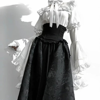 maoxiangshop  -  Japanese Kawaii JK Girl Sweet Cute Lolita Flare Sleeve Shirt Autumn Y2k Aesthetic Lace Patchwork Blouse Tops Women Chic Blusas