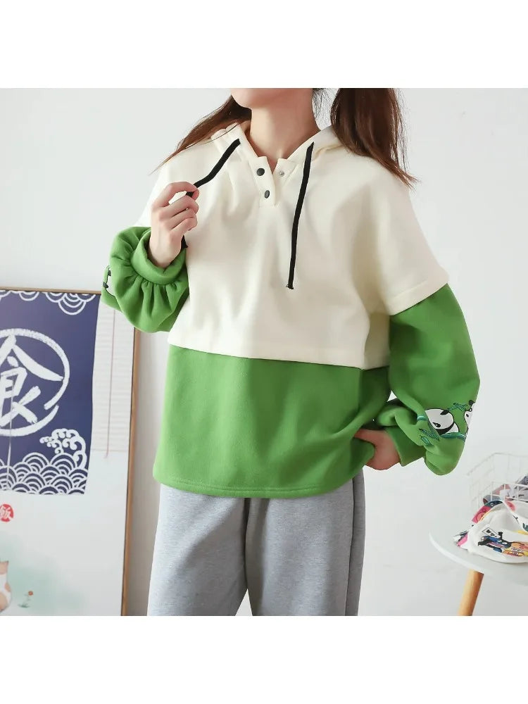 maoxiangshop Kawaii Panda Embroidery Fleece Women Hoodies Patchwork Drawstring Hooded Sweatshirt Winter Female Pullover Cute Tops