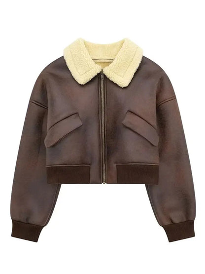 maoxiangshop  -  Chic Long Sleeve Lapel Double Side Motorcycle Coat Fashion Warm Pocket Zipper Jackets Autumn Winter Woman High Street Coats