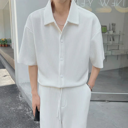 maoxiangshop Summer Pleated Sets Men Fashion Black/White Casual Ice Silk Suit Men Korean Short-sleeved Shirt/Trousers Two-piece Mens Set