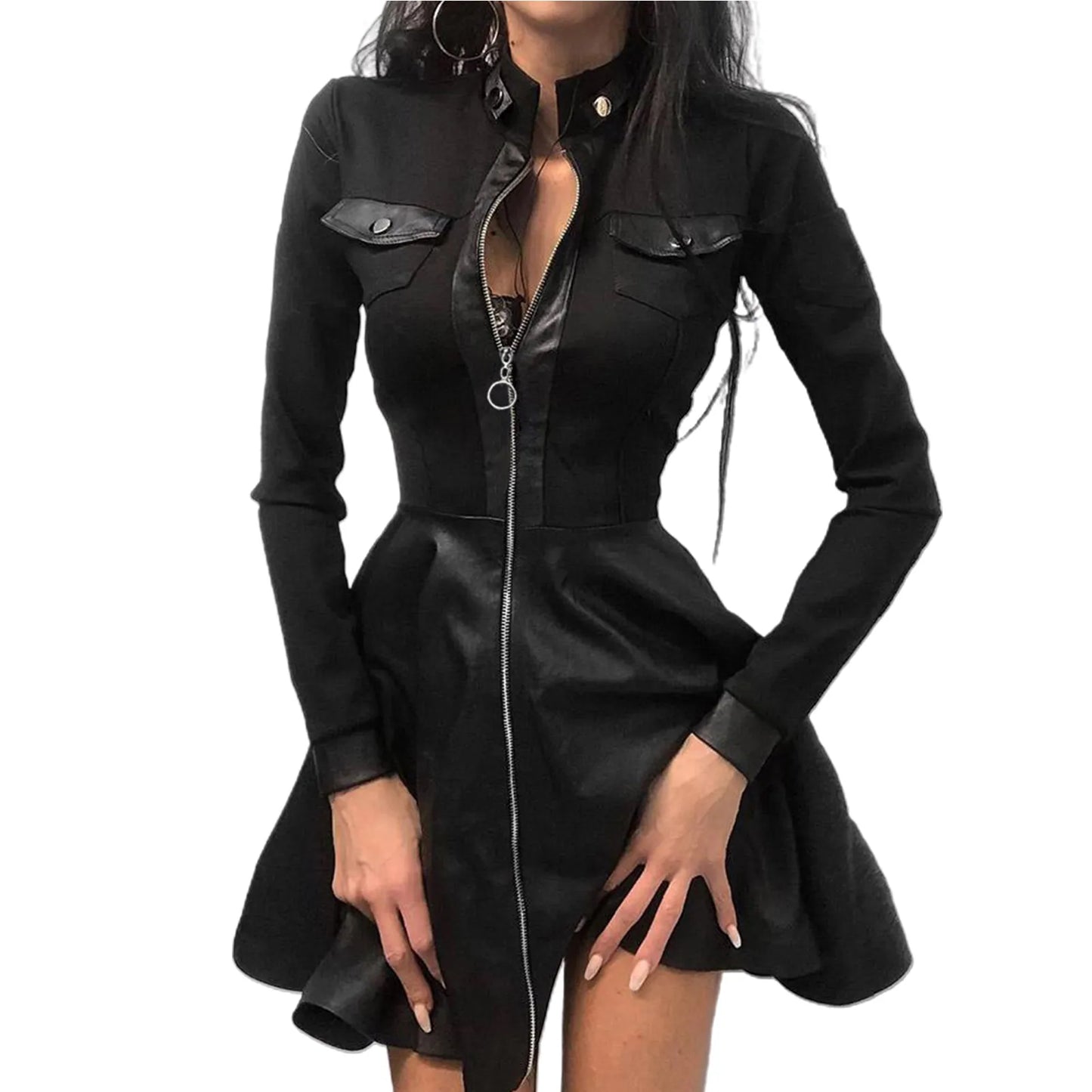 maoxiangshop Women Long Sleeve Zipper Pocket Large Hem Faux Leather Lace Mini Dress Women's Clothing Elegant Fashion Party Dress vestidos 5XL