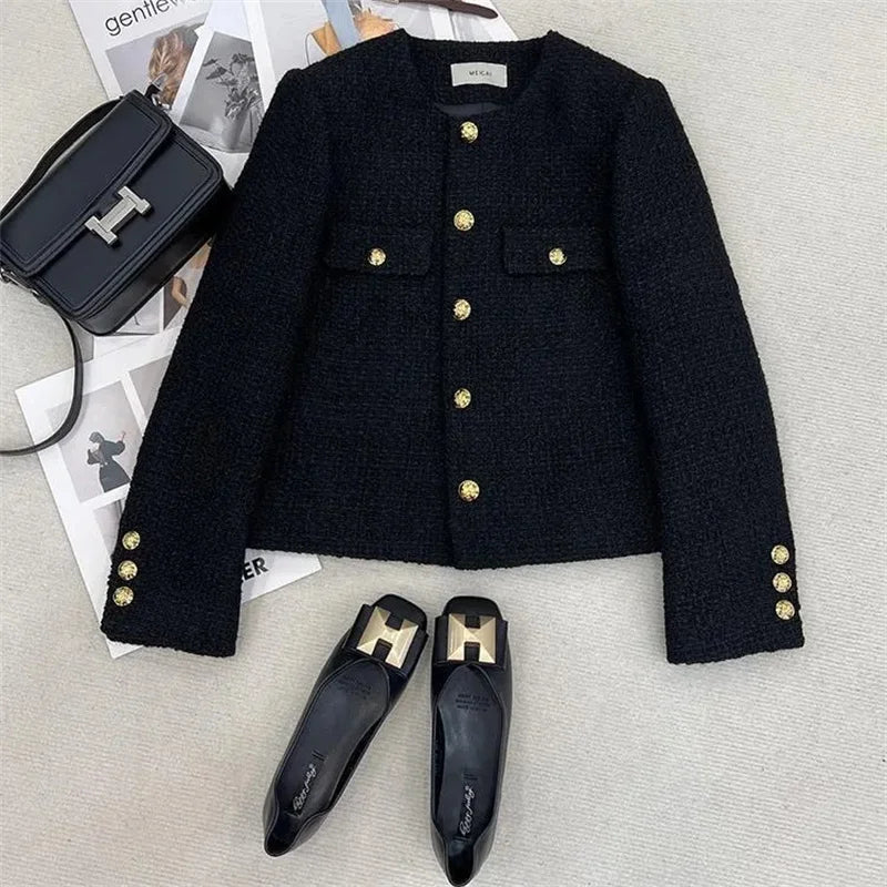 maoxiangshop High-End Warm Lining/Quilted Jacket With Small Fragrance Tweed Woven Woolen Suit For Women Autumn Winter 2024 O-Neck Short Top