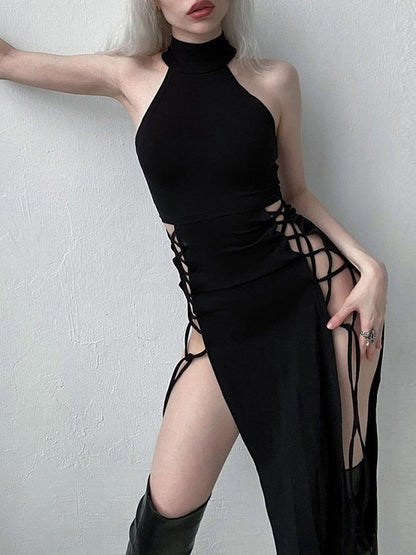 maoxiangshop Cosplay High Split Sexy Bandage Women Dresses Y2K Mall Gothic Halter Slim Midi Dress Black Grunge Style Alt Partywear