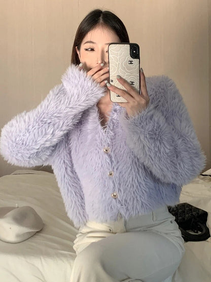 maoxiangshop Fluffy Mohair Cardigan V-Neck Gold Button Up Sweater for Women Autumn Winter