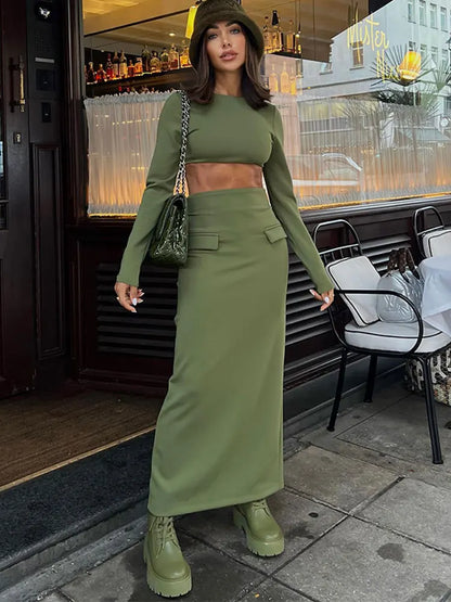 maoxiangshop -  Fashion Solid Slim 2 Piece Skirt Set Long Sleeve Short T-shirt High Waist Pockets Skirt Suit Autumn Elegant Office Outfit