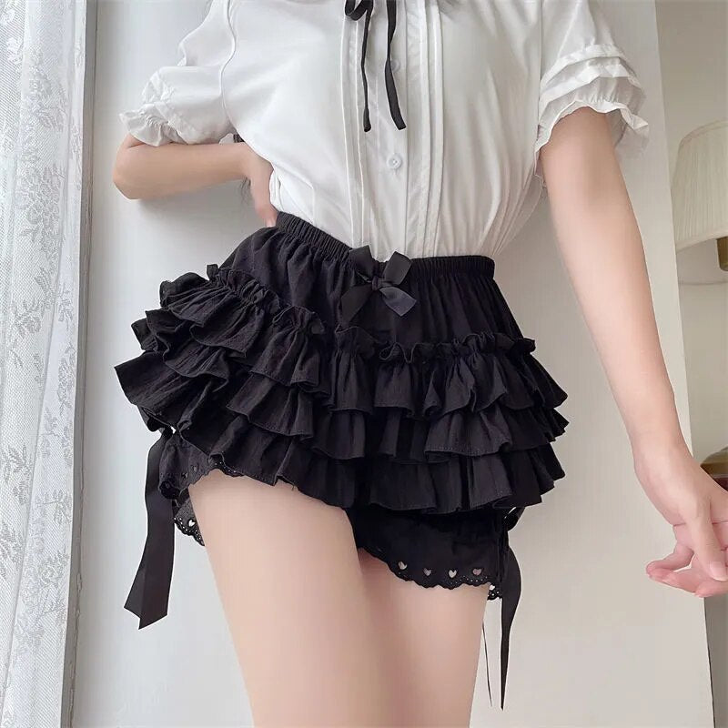 maoxiangshop Black White Ruffle Knickers Women Kawaii Pumpkin Panties Cute Lace Bowknot Lolita Safety Shorts Pants Vintage Victorian Bloomers