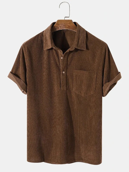 maoxiangshop New 2024 Men's Summer Corduroy Short Sleeve Shirt Fashion Casual Streetwear Solid Lapel Loose Pullover Retro Simple Tops for Men