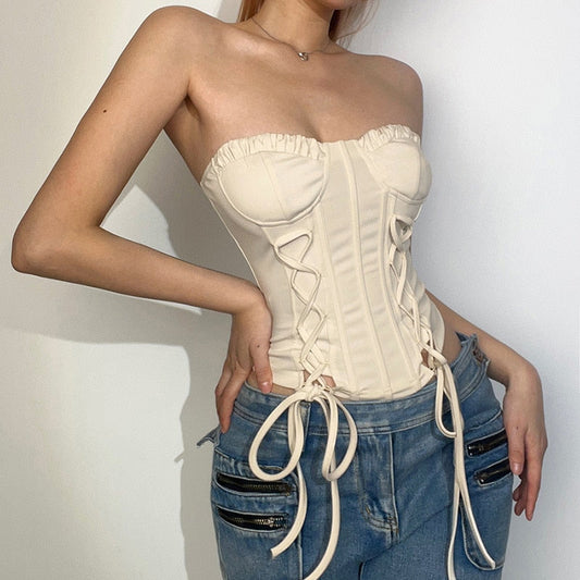 maoxiangshop Harajuku Kawaii Vintage Cami Vest Hot Girl Crop Top White Lace Frill Zipper High Waist Bandage Slim Fit Corset Y2K Top Women