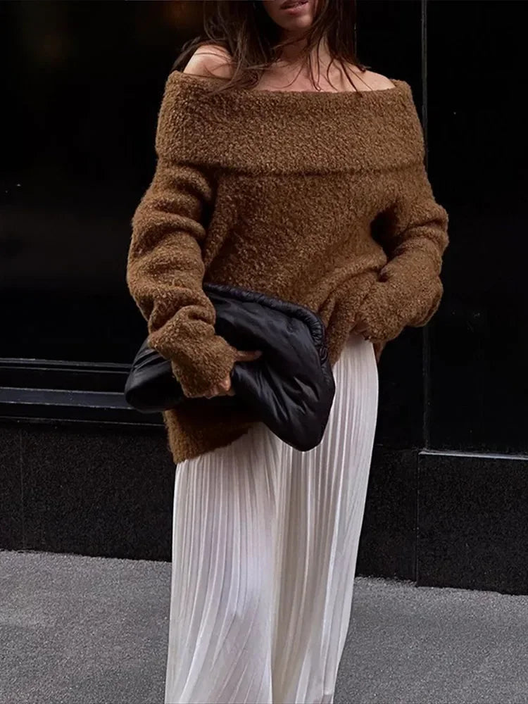maoxiangshop  -  Women Chic Solid Off Shoulder Loose Knitted Pullover Fashion Long Sleeve Warm Sweater 2024 Autumn Lady New Casual Knitwear Top