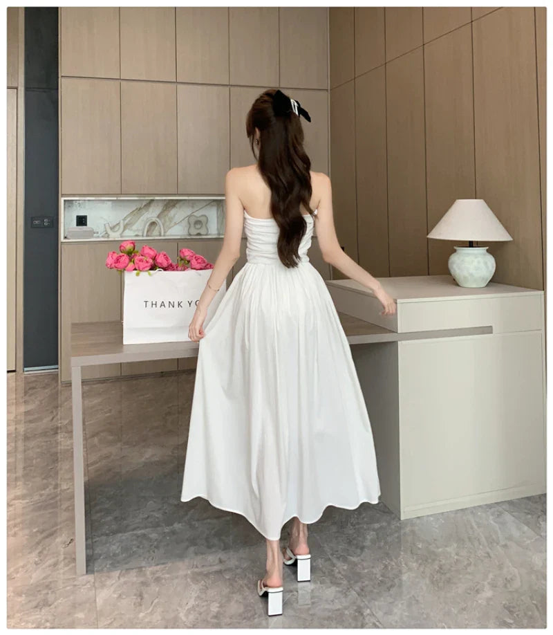 maoxiangshop Vintage White Long Dresses for Women Summer Elegant Chic Solid Sleeveless Casual Female Korean Slim Sexy Backless Sundress