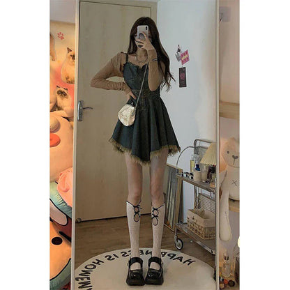 Y2K Belt Denim Mini Dress Women Vintage Irregular Tassel Spaghetti Strap Jeans Dresses Streetwear A Line Tunic Vestidos