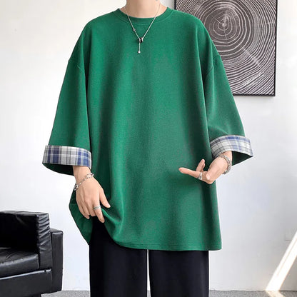 maoxiangshop Spring Summer Men's T-shirts Women Oversized 2XL Korean Style Loose Plaid T-shirt Casual Seven sleeves T-Shirt Male White