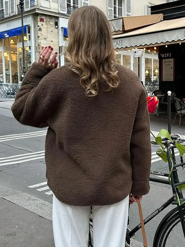 maoxiangshop -  Women's Winter Chic Fleece Faux Coat Warm Brown Furry Teddy Fur Brown Jackets Vintage O Neck Female's Single Breasted Overcoat