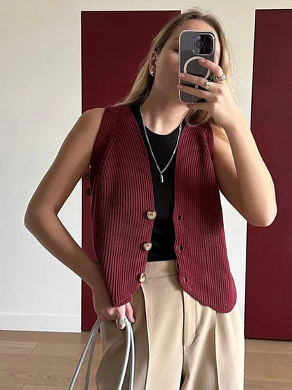 maoxiangshop  -  Casual Knitted Sleeveless Vests Women Solid Colorful Singled-Breasted Sweater Female Autumn Chic Loose Soft Tops All-matching