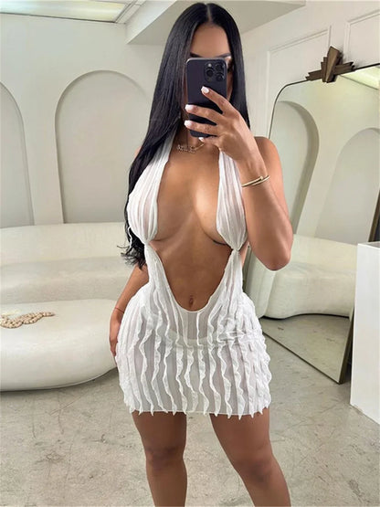 maoxiangshop Wavy Sexy Women Short Dress Halter Backless Deep V Neck Skinny Coquette Hot Girl Midnight Party Clubwear Bodycon