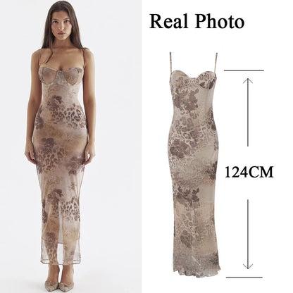 New Mesh Print Long Dress with Chest Padded Sexy Back Lace Up Vacays Party Going Out Outfits Summer Dress Women