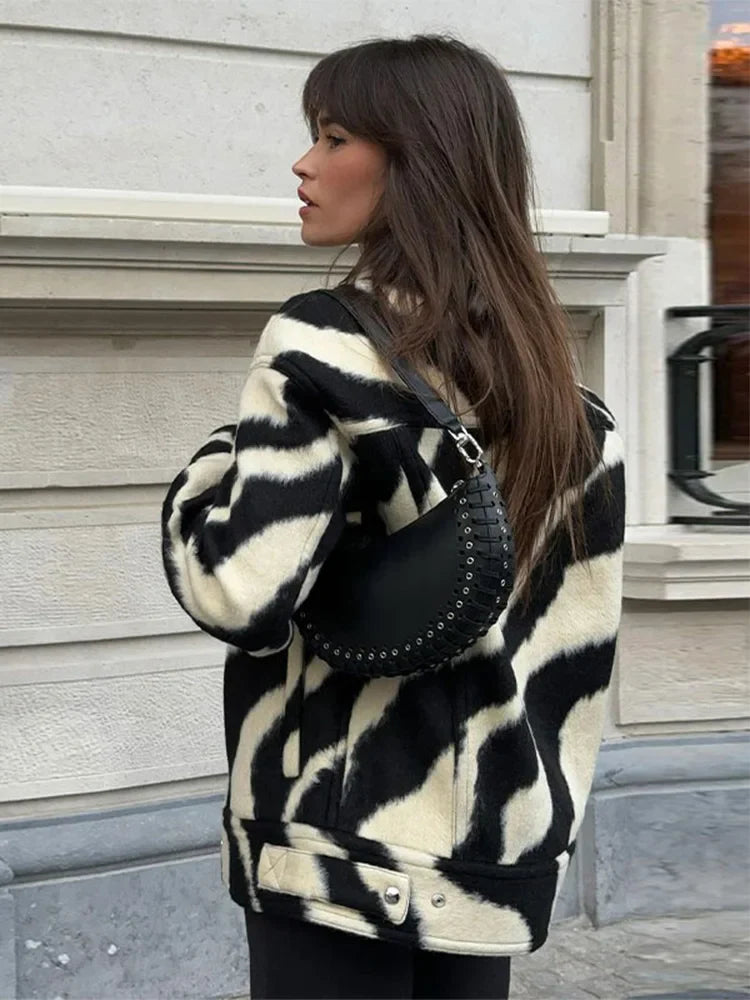 maoxiangshop  -  Women Elegant Zebra Printed Single Breasted Jacket Fashion Lapel Long Sleeves Loose Coat Autumn Chic Lady Commuting Outerwear