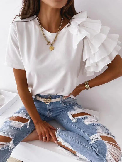 maoxiangshop Women Summer Ruffles Short Sleeve Loose T Shirt Chic Elegant Solid O Neck Tops Casual Simple All Match Tee Streetwear Blouse