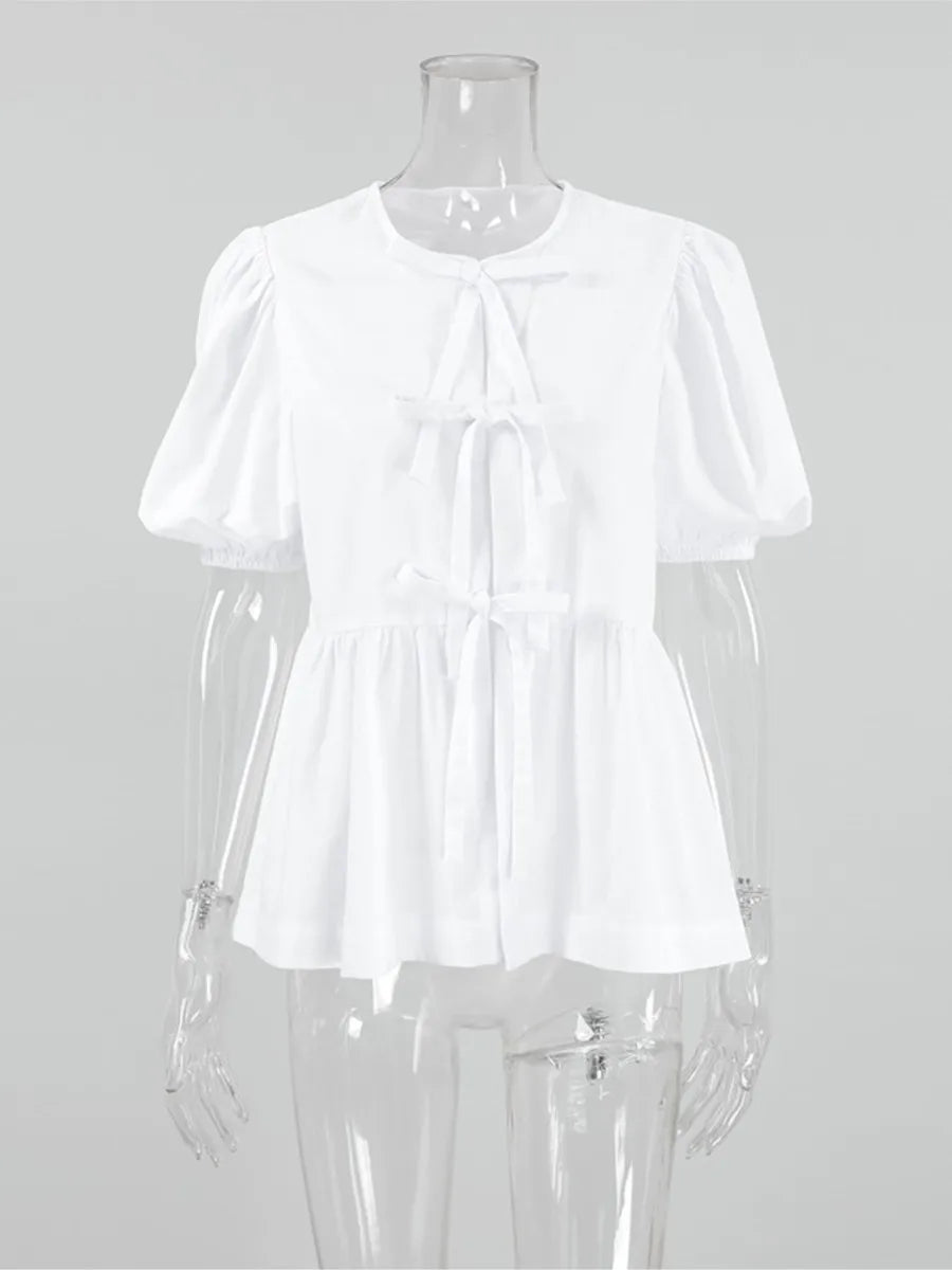 maoxiangshop  -  Autumn New White Puff Sleeve Blouse Women 2024 O Neck Short Sleeve Lace-up Shirts Tops French Elegant Casual Fashion Blouses