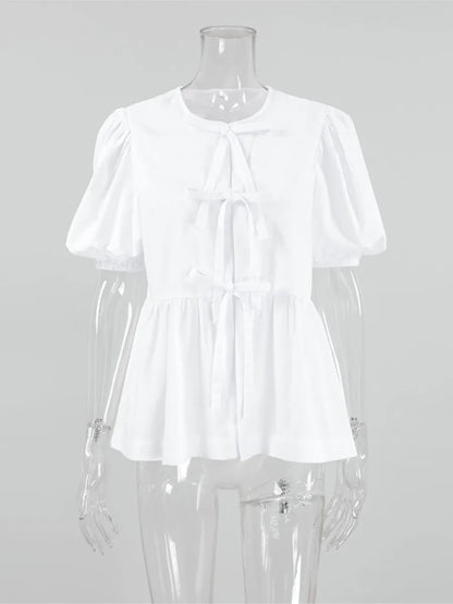 maoxiangshop  -  Autumn New White Puff Sleeve Blouse Women 2024 O Neck Short Sleeve Lace-up Shirts Tops French Elegant Casual Fashion Blouses