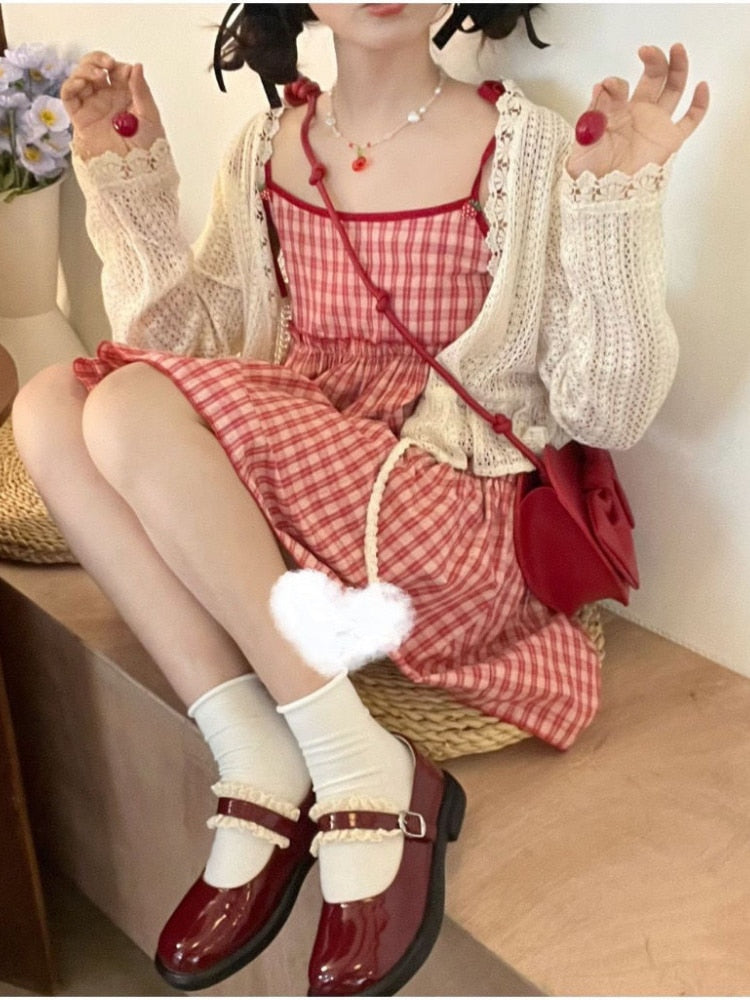 maoxiangshop Japanese Kawaii Lolita Dress Women Sweet Red Plaid Party Mini Dress Female Korean Fashion Loose Y2k Princess Dress New In Autumn