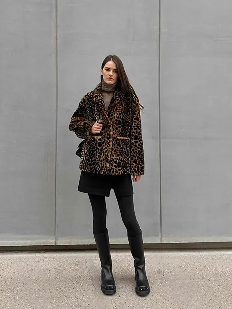 maoxiangshop -  Women's Leopard Long Sleeve Bomber Jacket Dor Women Casual Lapel Single Breasted Short Coat Elegant Winter Warm Outwear Jackets