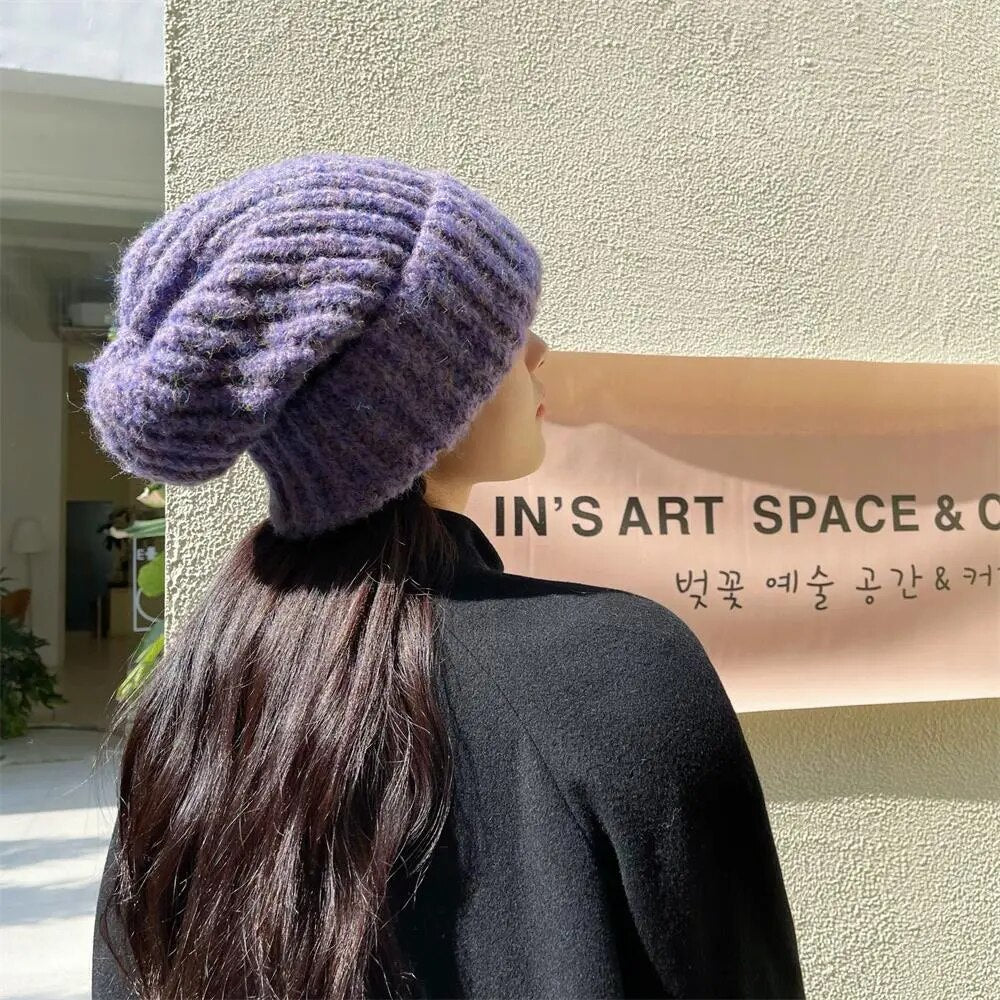 maoxiangshop Winter Unisex Wool Hat Loose Big Head Circumference Knitted Hats Women's Korean Warm Oversized Skullies Beanies Christmas Gift