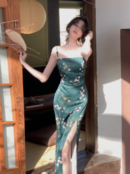 maoxiangshop Women Slash Neck Sexy Strapless Retro Green Printing Elegant Temperament Fitting Suspender Slit Bodycon Long Midi Dress Summer