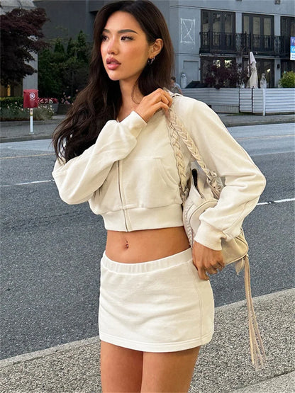 maoxiangshop  -  Autumn Fashion Hoodie 2 Piece-Set Skirt Female Cropped Zipper Cardigan Top And Skirt Sets Tracksuit Women's Sexy Outfits