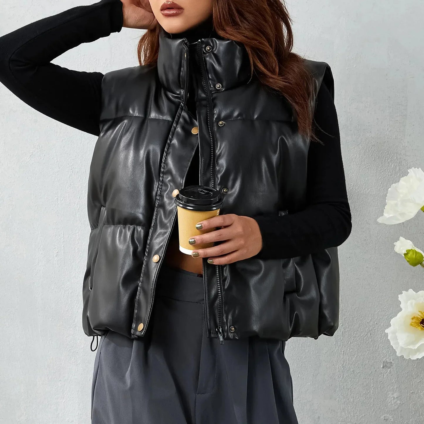 Zip-Up winter vest for women Black Coat  Mock-Neck Tops Winter Casual Black Stand Collar PU Leather Coats Female Ladies