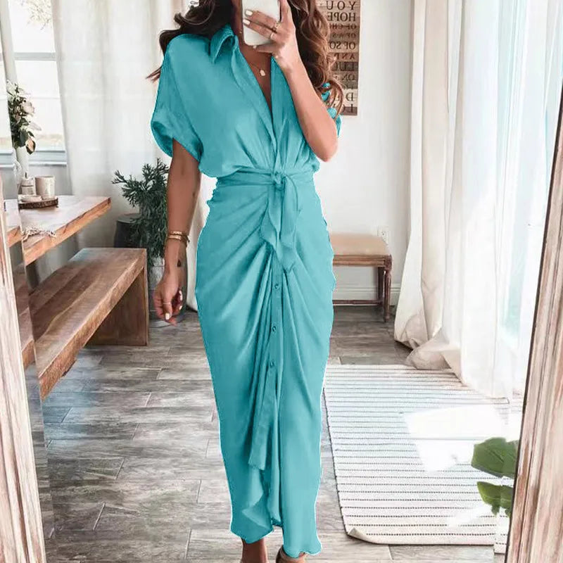 maoxiangshop Women Summer Elegant Button Ruched Bandage Shirt Dress Fashion Casual Short Sleeve Solid V Neck Beach Maxi Dress