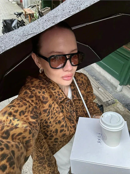 maoxiangshop  -  2024 Autumn Leopard Print Women Oversize Trench Long Sleeve Single Breasted Long Loose Jacket Female Y2K Coat Streetwear
