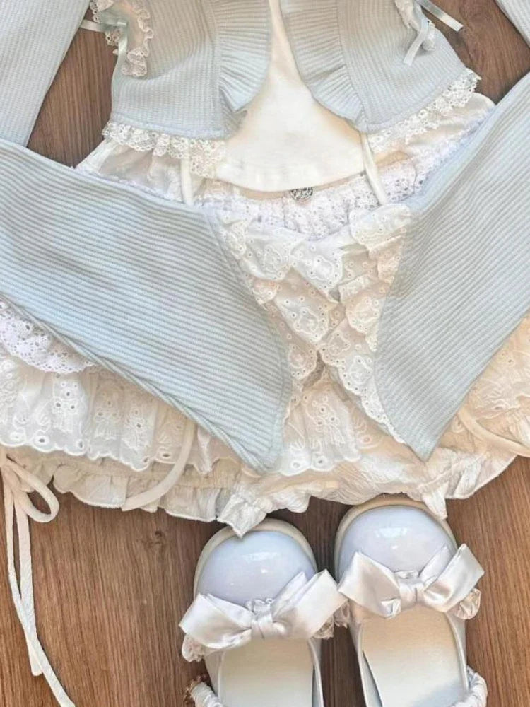 maoxiangshop  -  Sweet 3 Piece Sets Women Harajuku Ruffled Cardigan + Lace Patchwork Bow Vest + Mini Cake Skirts Cute Y2k Aesthetic Outfits Suit