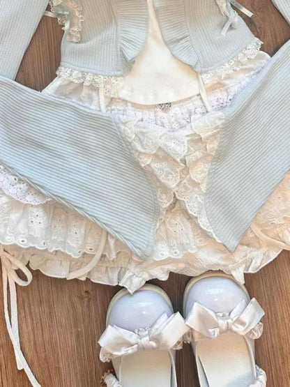 maoxiangshop  -  Sweet 3 Piece Sets Women Harajuku Ruffled Cardigan + Lace Patchwork Bow Vest + Mini Cake Skirts Cute Y2k Aesthetic Outfits Suit