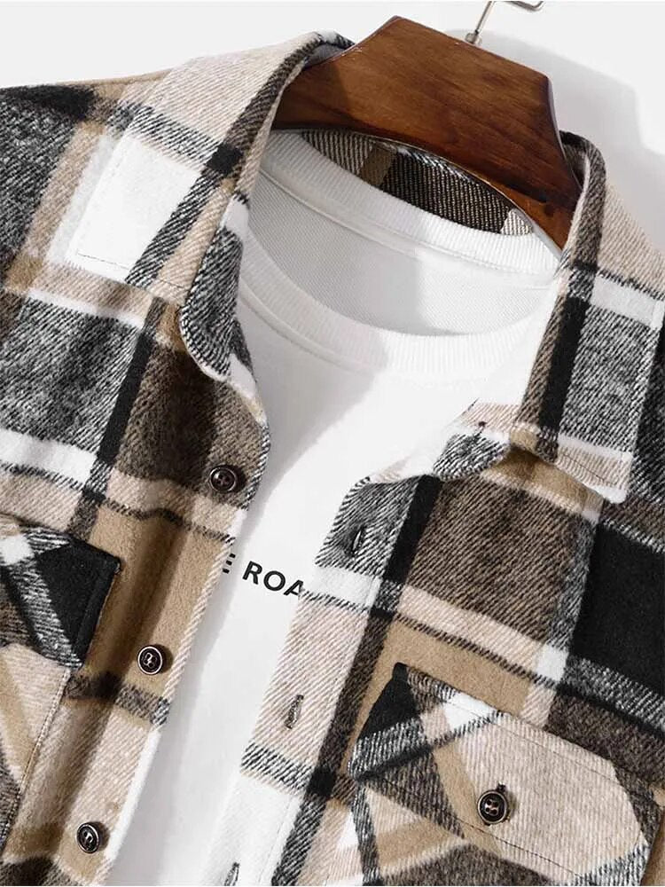 maoxiangshop Shirts for Men Flannel Long Sleeve Blouses Casual Plaid Shirts Fall Winter Shacket Streetwear Overshirt Tops with Pockets