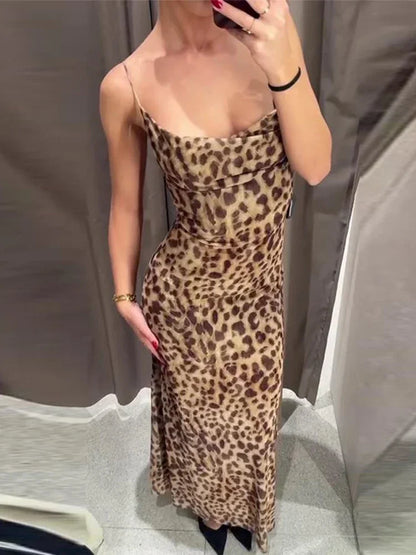 New Leopard Print Sling Maxi Dress For Women 2024 Summer Elegant Backless Sleeveless Slip Long Dress Female Sexy Party Vestidos