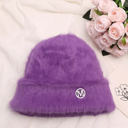 maoxiangshop New Fashion Rabbit Fur Y2k Beanies for Women Soft Warm Fluffy Angola Winter Hat Female Windproof Bonnet Hat Skullies Cap