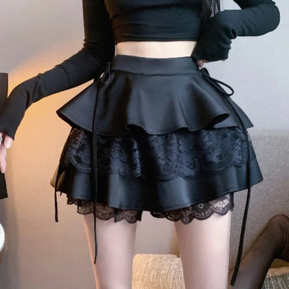 maoxiangshop Gothic Sexy Ruffle Tiered Skirts Women Cute Lolita Style Lace Cake Skirt Girl Kawaii Clothes High Waist Solid A-Line Mini Skirt