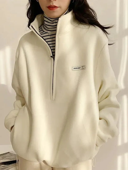 maoxiangshop Korean Warm Fleece Fluffy Zip Hoodies Women Casual Kpop Fashion Plus Velevt Sweatshirt Top 2022 Autumn Winter