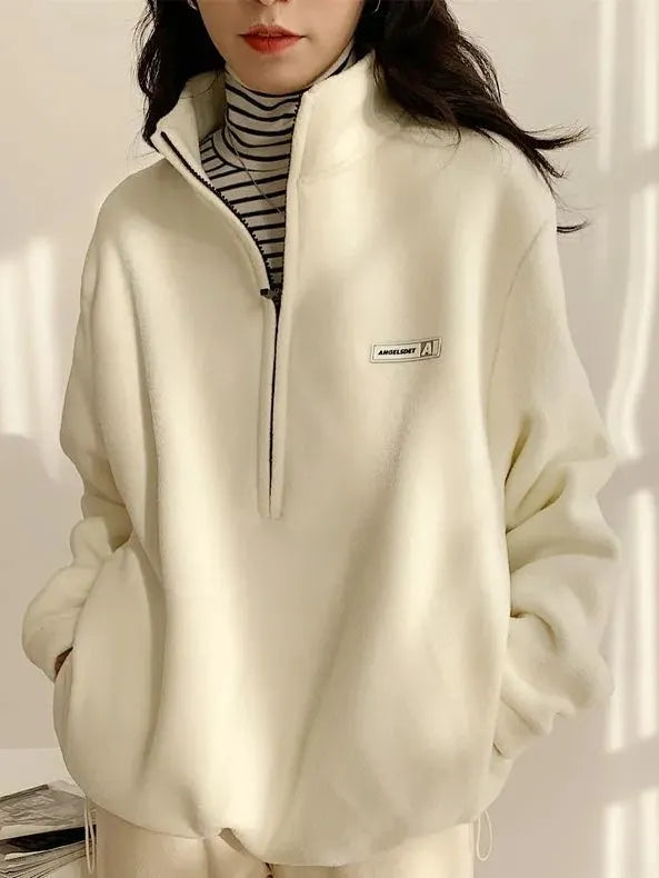 maoxiangshop Korean Warm Fleece Fluffy Zip Hoodies Women Casual Kpop Fashion Plus Velevt Sweatshirt Top 2022 Autumn Winter