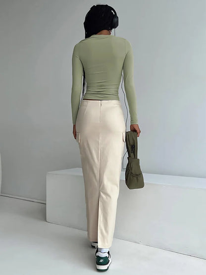 maoxiangshop  -  Lace Up Patchwork Pocket Maxi Skirt Women Low Rise Slim Autumn Temperament Commuter Slit Straight Long Skirt Streetwear