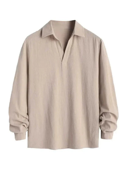 maoxiangshop Long Sleeve Men's Shirts Solid Color Linen Textured Turn Down Collar Pullover Shirt Casual Streetwear Tops