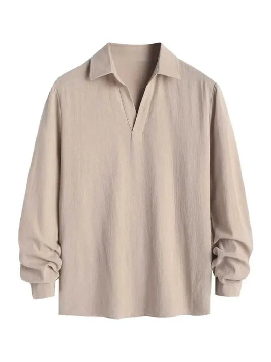 maoxiangshop Long Sleeve Men's Shirts Solid Color Linen Textured Turn Down Collar Pullover Shirt Casual Streetwear Tops