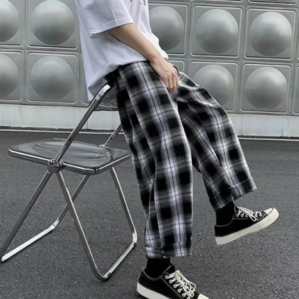 maoxiangshop Autumn Men Pants Plaid Streetwear Wide Leg Elastic Waist Loose Sports Pants Trousers Checkered Wide Leg Pants for Travel