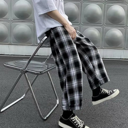 maoxiangshop Autumn Men Pants Plaid Streetwear Wide Leg Elastic Waist Loose Sports Pants Trousers Checkered Wide Leg Pants for Travel