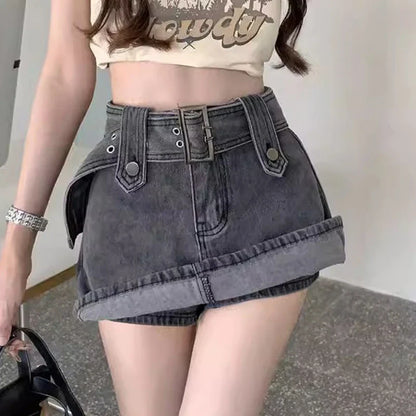 Mini Denim Skirt Women Vintage Sexy High Waist Belt A-line Slim Jeans Skirt Casual Y2K Skort Summer Korean Streetwear