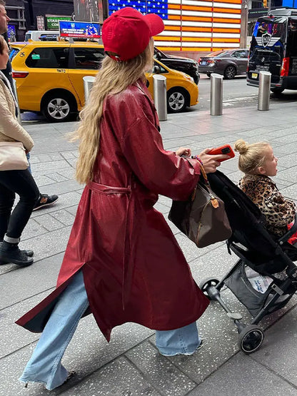 maoxiangshop -  Elegant With Belt Pu Leather Coat Women Turn Down Collar Full Sleeve Split Trench Coats Autumn Red Overcoat High Streetwear