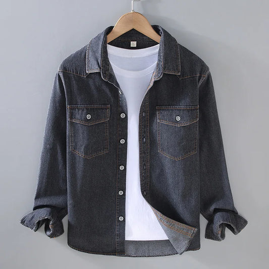 maoxiangshop WELL DRESSED MEN Autumn Mens Long Sleeve Denim Shirt Streetwear Vintage Cargo Jean Shirts Lapel Double Pockets Shirt Youth chemise homme