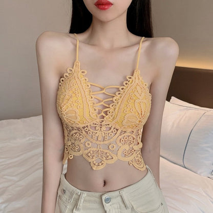 maoxiangshop New Women Hollow Out Bralette Solid Color Beauty Back Lace Underwear Sexy Vest Female Add Pad Wireless Bra Suspender Top